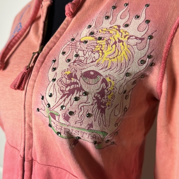 VTG y2K ED HARDY CHRISTIAN AUDIGIER PINK OMBRE CRYSTAL ZIP UP HOODIE - Picture 6 of 8